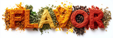 Flavor Spelled Out Natural Arrangement of Colorful Spicy Seasoning Flavors White Backgroundの素材