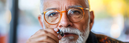 Portrait of a Senior Man Vaping A Close-Up Detailing His Facial Features and Bearded Styleの素材