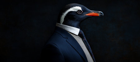 Sophisticated Penguin in Profile Animal Human Blend with Dark Backgroundの素材