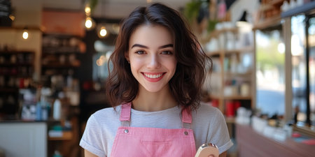 Smiling Female Hairdresser in Modern Salon Interior, Holding Hair Styling Tools, with Natural Lightの素材