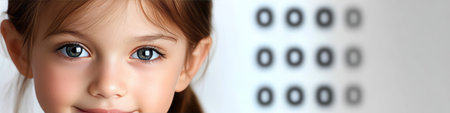 Young Girl Smiling during an Eye Exam with Eye Chart in Background, Focus on a Positive Experienceの素材