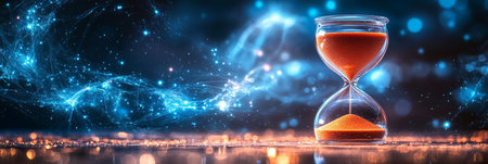 Orange Sand Hourglass on a Twinkling Blue Background Concept of Time and Cosmic Beautyの素材