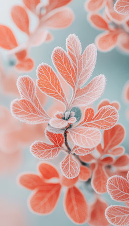 Frost-Covered Orange Leaves on a Branch Delicate Winter Beauty Against a Blue Backgroundの素材
