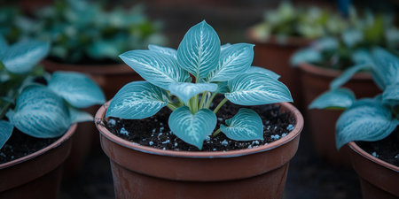 Vibrant Green and White Hosta Plants Thrive in Terracotta Pots at Local Garden Centerの素材