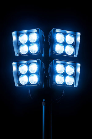 Bright, Glowing Stadium Lights Against a Pitch Black Night Sky A Sports and Entertainment Conceptの素材