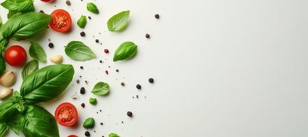 Fresh Ingredients Border Basil, Cherry Tomatoes, and Garlic on White Background with Copy Spaceの素材