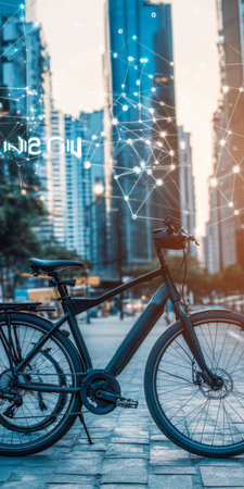 Urban mobility, smart bicycle in a connected smart city with skyscrapers, green living concept.の素材