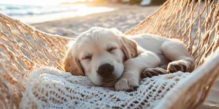 Adorable Golden Retriever Puppy Enjoys Relaxing Time in Hammock on Tropical Beach Vacation.の素材