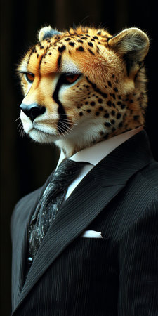 Cheetah in a Suit Fusing Animal and Human Traits Against a Dark Background, Anthropomorphic Conceptの素材