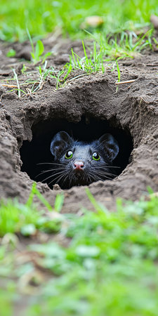 Curious Little Creature Black Mole Peeking from its Cozy Earth Burrow in Vibrant Green Grass.の素材