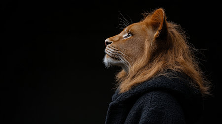 Majestic Lion in Profile, Anthropomorphic Portrait, Dark Background, Blending Animal, Human Traitsの素材