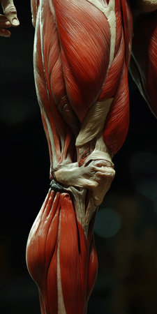 Muscular Leg Anatomy Detailed Model Showcasing Human Muscles, Tendons, and Joints in Dynamic Poseの素材