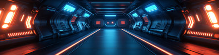 Futuristic Tunnel, Blue and Orange Neon Lights, Technology Concept., High Resolution Photographyの素材