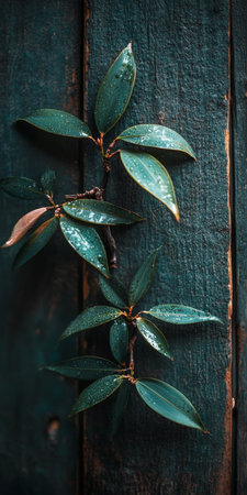 Green leaves artistically contrasted on blue wooden rustic background, dark vintage design concept.の素材