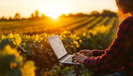 Winegrower Analyzing Data on Laptop for Sustainable Wine Production in Vineyard at Sunsetの素材