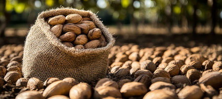 Burlap Sack Filled with Pecans Harvested During Autumn from Orchard Farm with Copy Spaceの素材