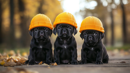 Three Adorable Black Puppies in Construction Hats Enjoying Autumn, Safety and Teamwork Concept.の素材