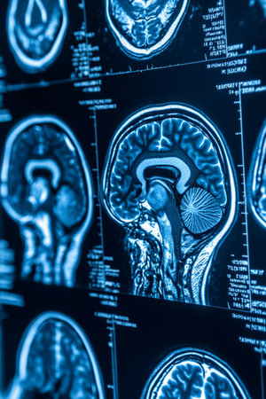 Neurological Research MRI Brain Scans in Neon Blue for Diagnostics and Clinical Applicationsの素材