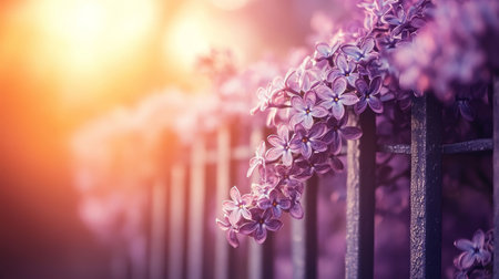 Purple Lilac Flowers in Full Bloom on a Metal Fence, Background with Flowers and Sunbeam at Sunsetの素材