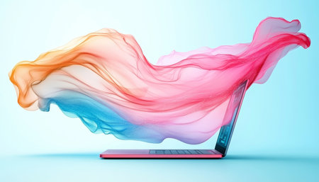 Colorful, Abstract Flow of Fabric Over Laptop Computer, Representing Innovation and Technologyの素材