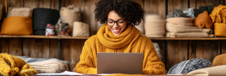 Smiling Black Woman Entrepreneur Working on Laptop in Cozy Studio with Hand.Knit Itemsの素材