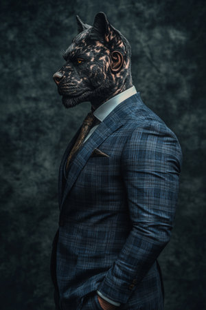 Anthropomorphic Panther in Suit, Profile on Dark Background, Blending Human and Animalの素材