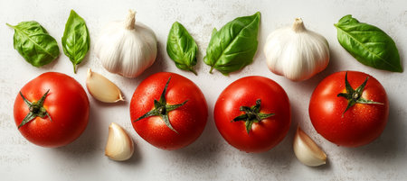 Fresh Ingredients Ripe Tomatoes, Garlic Bulbs, and Basil Leaves on a White Backgroundの素材
