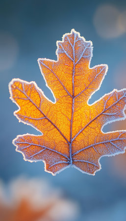 Vibrant Orange Oak Leaf Covered in Frost, Shallow Depth of Field, Bright Light, Bokeh Backgroundの素材