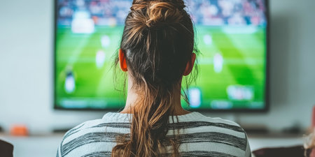 Woman watching sports on TV, comfortable home viewing, streaming entertainment, shared experienceの素材