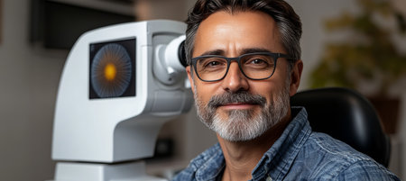 Confident, Handsome Mature Man Smiling after Eye Exam with Modern Ophthalmic Equipment in Clinicの素材