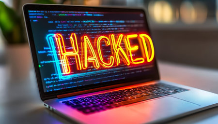 Cyber Security Breach Laptop Screen Displaying Neon HACKED Sign, Data Theft, Cybercrime Conceptの素材