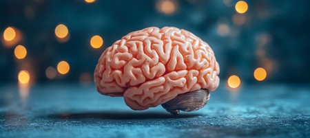 Anatomically Correct, Realistic 3D Model of a Human Brain Floats on a Blue, Bokeh Background.の素材