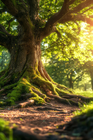 Ancient Tree With Exposed Roots In Magical Sunlight, Nature And Spirituality Concept.の素材