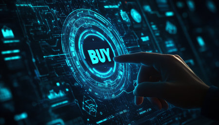 Close-Up Businessman s Finger, Pressing, Illuminated, Interactive, Futuristic Buy Buttonの素材