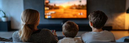 Family Bonding Time Back View of Children and Mother Watching Television Together at Homeの素材