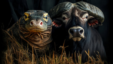 The Komodo Dragon and African Buffalo An Unlikely Pair, Wildlife Portrait in the Wild.の素材