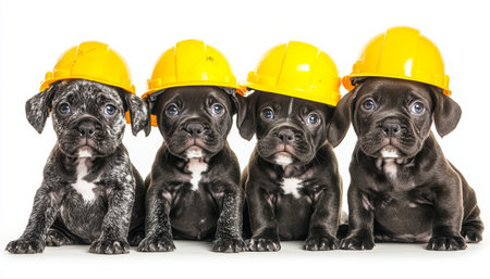 Four Adorable Black and White Puppies with Yellow Construction Hats, Isolated on White Backgroundの素材