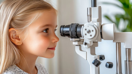 Young Girl Having Her Eyesight Tested by an Ophthalmologist using a Slit Lamp in a Medical Clinicの素材