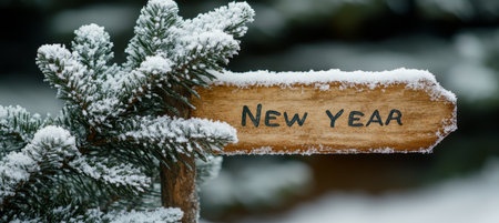 Snowy Spruce Branch with Wooden New Year Sign, Sparkling Winter Wonderland Backgroundの素材