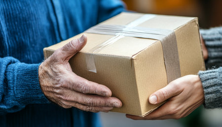 Close-up Delivery Person Passes Cardboard Package to Customer, Symbolizing E-commerce and Service.の素材