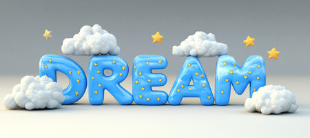 Dream Word In 3D With Stars And Clouds, Clear Focus, Bright Colors, White Backgroundの素材