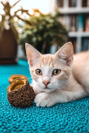 Cute Orange and White Tabby Relaxing on Blue Blanket. Cat Portrait, Playful Kitten at Home.の素材