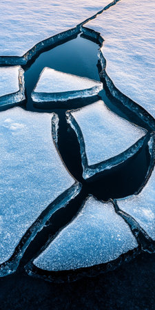 Abstract Winter Background, Grunge Texture of Ice Cracks and Crystal Clear Water on Frozen Lakeの素材