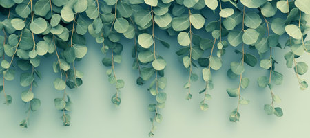 Eucalyptus Tree Branches Border on Blue, Minimal Floral Decorative Background With Fresh Leavesの素材