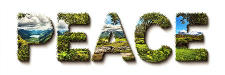 Serene Landscapes Spelling PEACE A Vibrant Photorealistic Composition on White Backgroundの素材