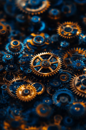 Metallic Golden, Bronze Gears Industrial Background, Steampunk Cogwheels Texture Design Elementの素材