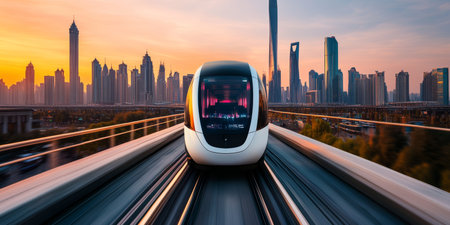 Autonomous Electric Train in a Futuristic Smart Cityscape Cutting-Edge Urban Transportationの素材