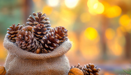 Burlap Sack Overflowing with Fresh Pine Cones, Warm Autumnal Background, Seasonal Decorationの素材