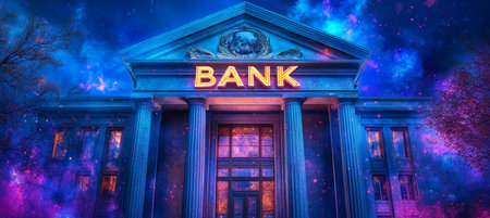 Glowing Neon Bank Building Facade, Finance and Technological Innovation Abstract Conceptの素材