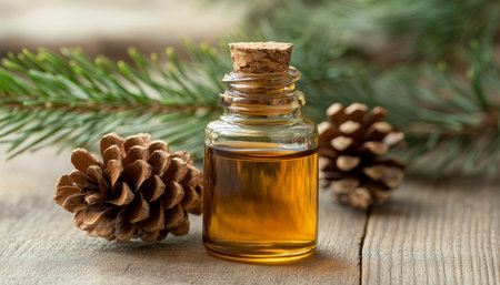 Pine Turpentine Essential Oil in Glass Bottle, Pine Cone and Coniferous Leaves on Wooden Tableの素材